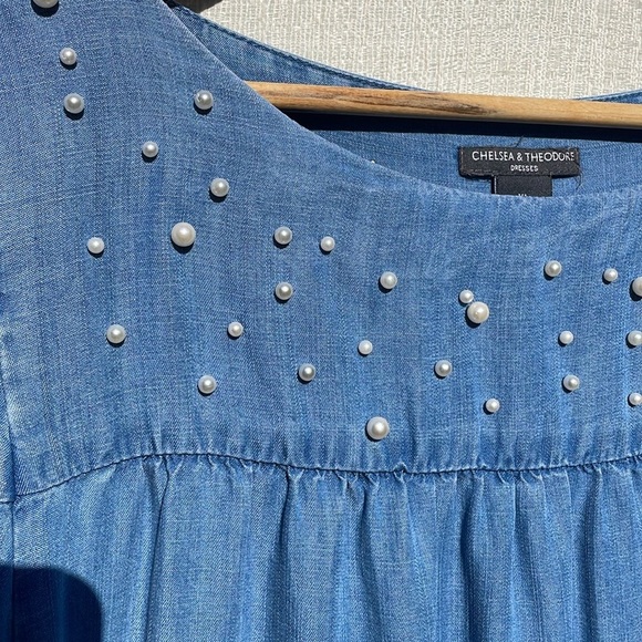 Chelsea & Theadore Chambray Pearls Tiered Dress LT Blue Size XL - Picture 8 of 11